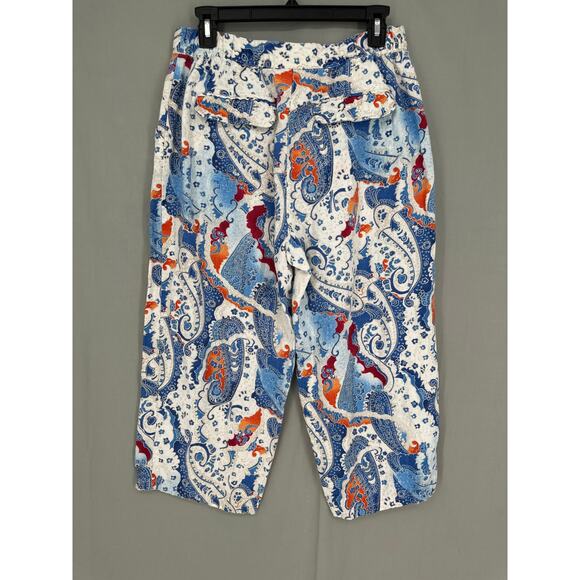 90s Vintage Linen Pants Womens Medium Blue Paisley Cropped High Rise Bohemian - Picture 3 of 8